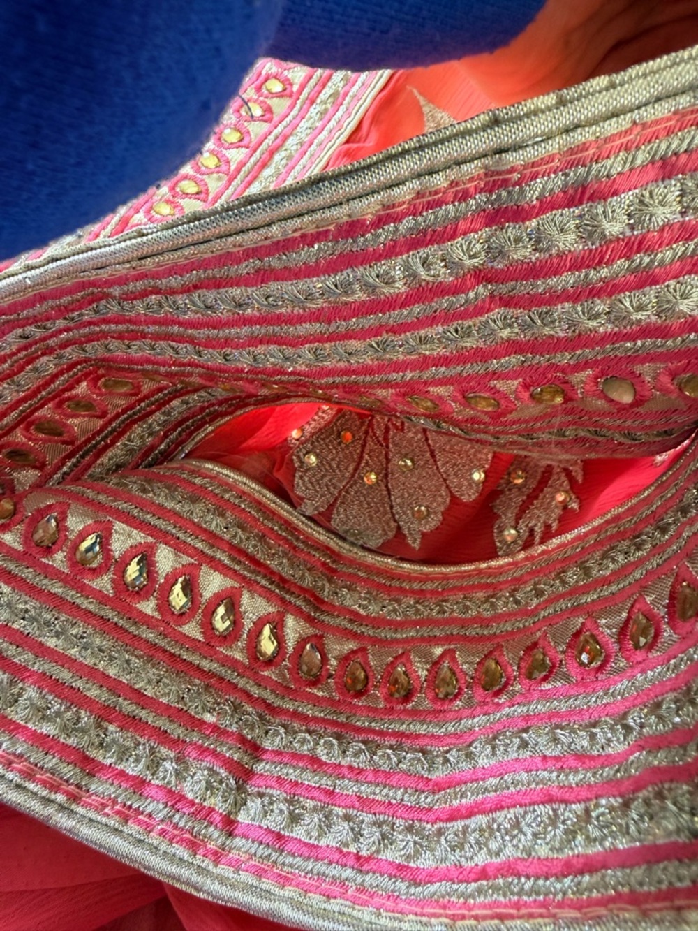 NWT: Embroidered Coral Pink Saree with Gold Accents - Picture 8 of 9